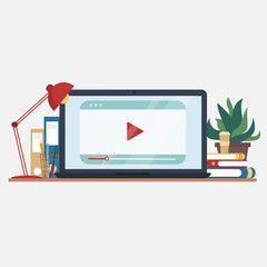 Workplace and work on a laptop, watching a video player, webinar concept, online business, computer training or e-learning concept, video tutorial . Vector illustration in a flat style.