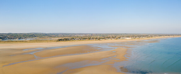 The panoramic view of the Grande Plage de Barneville in Europe, France, Normandy, Manche, in spring, on a sunny day.