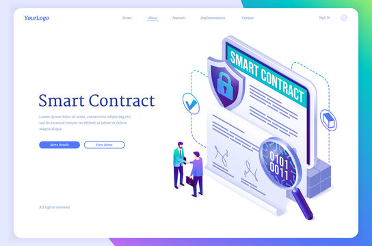 Smart Contract Isometric Landing Page. Concept Of Electronic Signature, Blockchain Crypto Technology. Businessmen Handshake At Huge Tablet With Digital Online E-contract Document 3d Vector Web Banner