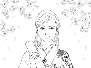 Obraz premium 袴の女性とさくら_線画_横目