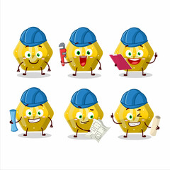 architect yellow gummy candy D cute mascot character with pliers