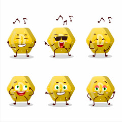 An image of yellow gummy candy D dancer cartoon character enjoying the music