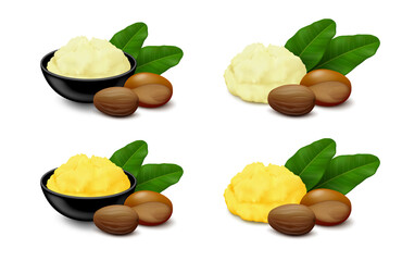 Shea (Vitellaria paradoxa) butter in various colors (ivory, yellow) with nuts (shelled, unshelled) and leaves isolated on white background. Side view. Realistic vector illustration.