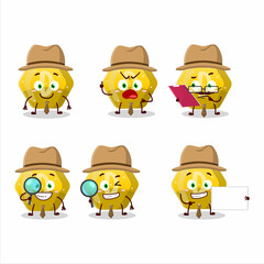 Detective yellow gummy candy D cute cartoon character holding magnifying glass