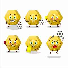 Yellow gummy candy D cartoon character working as a Football referee