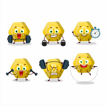 A healthy yellow gummy candy D cartoon style trying some tools on Fitness center