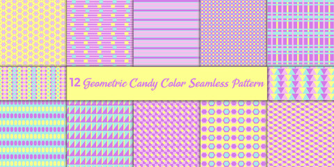 12 Geometric vector seamless pattern (tiles). Endless textures candy color can be used to print fabrics, textiles and paper or invitations. Round, square, line, star and abstract shapes.