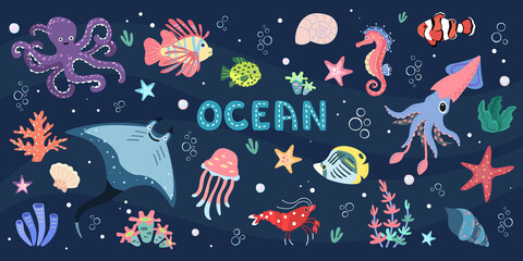 Fototapeta na wymiar Ocean set with underwater animals. Illustration with octopus, shrimp, stingray, coral and fishes.