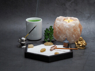 Zen Garden with Gold Buddha Salt Candle, Green Tea and burning Incense