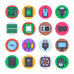Computer Hardware Filled Circle Icons - Stroked, Vectors