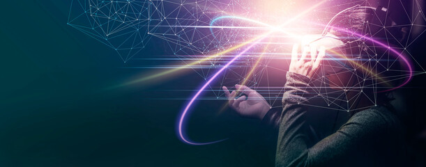 Digital data of Virtual reality analysis with digital data on hand in 3D illustration. Of free space for texts - Elements of this Image Furnished by NASA.