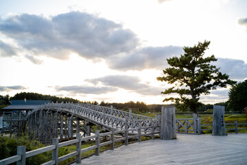 夕焼けをバックに太鼓橋を眺める
