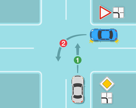 Driving a car. Safety driving and traffic regulating rules. Main road and give way signs priority on intersection road. Blue sedan car is turning to primary road. Flat vector illustration template.