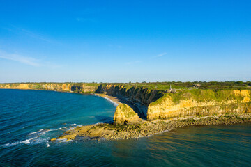 Pointe du Hoc and its impressive cliffs in Europe, France, Normandy, towards Carentan, in spring, on a sunny day.