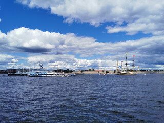 Warships, frigates and sailboats built in the Neva water area for the Day of the Navy in St. Petersburg.