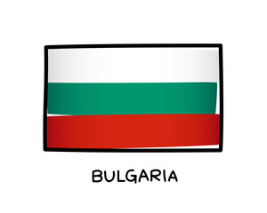 Bulgarian flag. Bulgaria flag colorful logo. Freehand white, green and red brush strokes. Black outline.