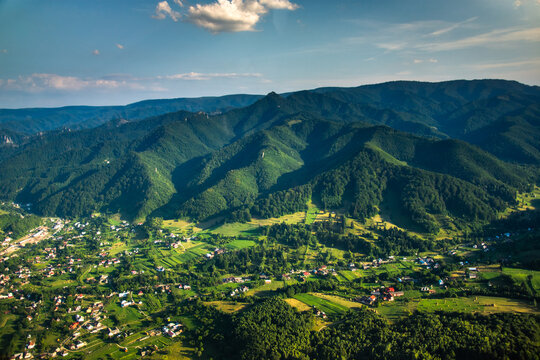Bistrita Bargaului area and  Calimani Mountains seen
  by plane, Romania, August 2020