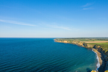 Pointe du Hoc and the Channel Sea in Europe, France, Normandy, towards Carentan, in spring, on a sunny day.