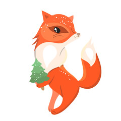 Cute animal fox. Christmas festive illustration. Funny character isolated on white background. Winter illustration for children and adults.