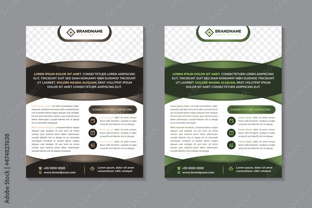 Aufkleber set of business flyer template design with dummy text as example. vertical layout with space for pho