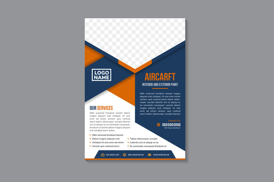 Flyer template design for promotion of interior and exterior paint aircraft company. vertical layout with half hexagon space for photo. orange and blue colors on elements. white background.
