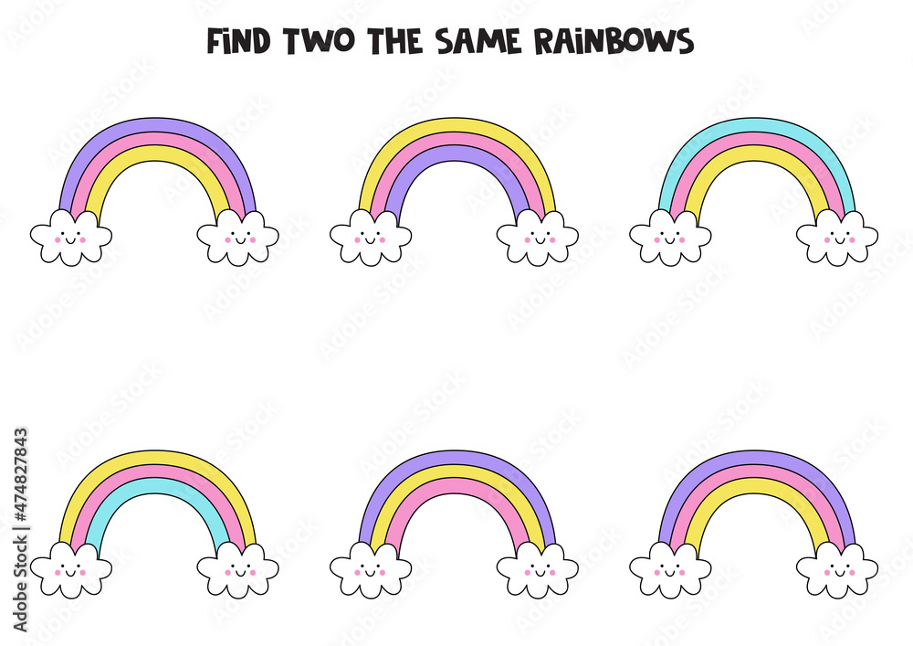 Wall mural Find two cute identical rainbows. Educational game for preschool children.