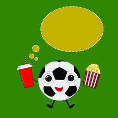 cartoon vector illustration of a soccer ball with eyes and a mouth smiles and holds in his hand a glass with a straw and popcorn on a green background.