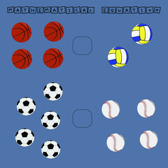 ​​Which is greater, less or equal game with basketball, soccer, volleyball and baseball balls. Worksheet for preschool kids, kids activity sheet, printable worksheet
