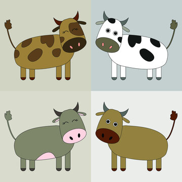 Set of vector brown  cute  cows on grsay  isolated background. Animal set.