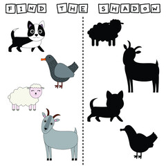 Developing activity for children, find a pair among identical of  dog, duck, sheep, goat. Logic game for children.
