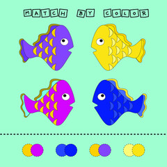 worksheet vector design, challenge to connect the  fishes with its color. Logic game for children.