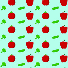 Vegetables pattern with tomatoes, peppers, broccoli, cucumber on a blue  background. Cute vegetables
