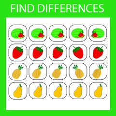 worksheet vector design, the task is to find among the same fruites and berries  in a row. Logic game for children.