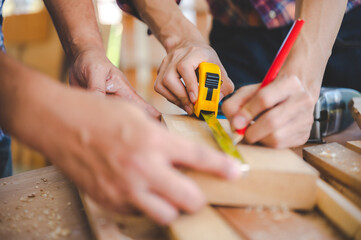 wooden carpenter craft man team with work tool for wood workshop business, carpentry craftsman