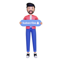 Man holds a subscribe button. Illustration in a simple and minimalist style. 3d concept illustration