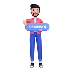 Man holds the subscribe button while pointing. Illustration in a simple and minimalist style. 3d concept illustration