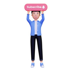 Man holds up the subscribe button. Illustration in a simple and minimalist style. 3d concept illustration