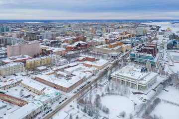Fototapeta premium Aerial view of Arkhangelsk on cloudy cold day, Russia.