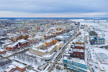 Drone view of Arkhangelsk on cold winter day, Russia.