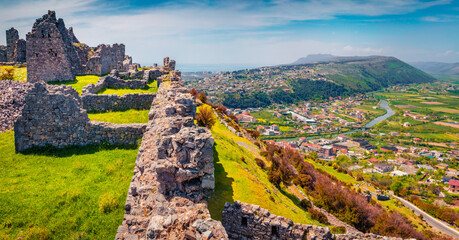Fantastic spring view of ruins of Lezhe Fortress. Breathtaking morning scene of Albania, Europe....