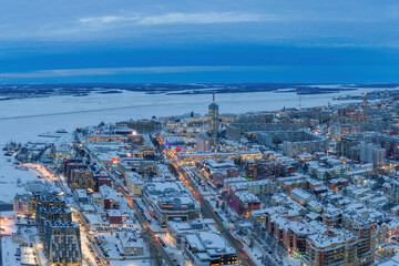 Aerial view of Arkhangelsk on cold winter evening. Arkhangelsk Oblast, Russia.
