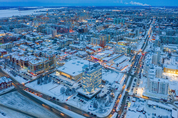 Aerial view of Arkhangelsk on cold winter evening, Russia.