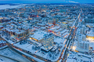 Fototapeta na wymiar Aerial view of Arkhangelsk on cold winter evening, Russia.