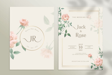 Double Sided Wedding Invitation Template with Rose Flower - obrazy, fototapety, plakaty