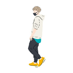 Illustration of a man wearing a hoodie and a medical mask (white background, vector, cut out)