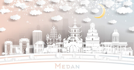 Medan Indonesia City Skyline in Paper Cut Style with White Buildings, Moon and Neon Garland.
