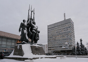 View of Monument to the Defenders of the Soviet North on cold winter day. Arkhangelsk, Russia.