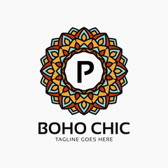 letter P boho chic round decoration vintage color mandala vector logo design element
