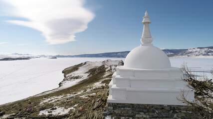 Lake Baikal Russia. Winter shooting. Sunny day. A sacred place. Ogoy Island. View from above.