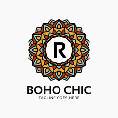 letter R boho chic round decoration vintage color mandala vector logo design element